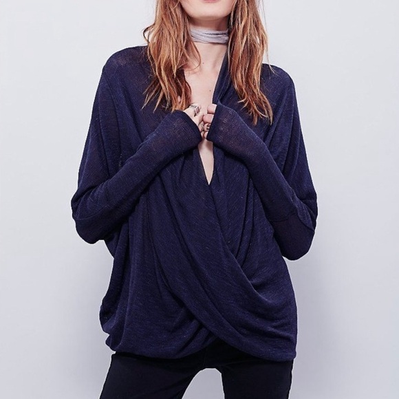 Free people we the free Sheila Hacci wrap draped neck line sweater navy - Picture 1 of 7
